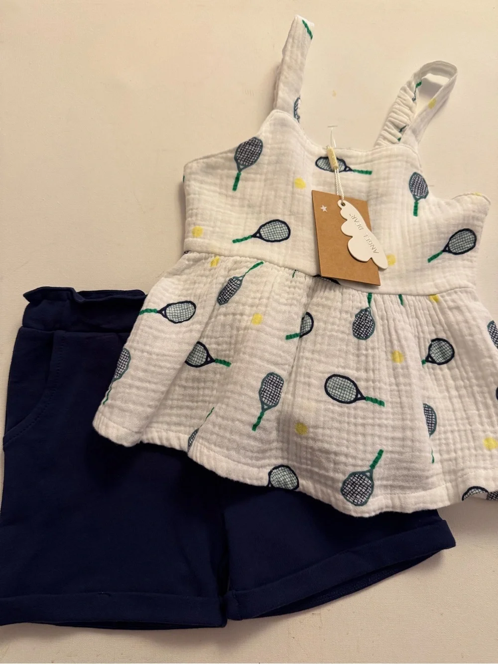 Angel Dear White Tennis Racket Peplum Top & Navy Shorts Set